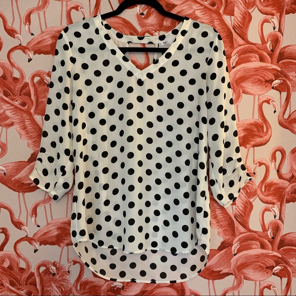 Dr2 High-Low Polka Dot Blouse 3/4 Length Sleeves Size Small